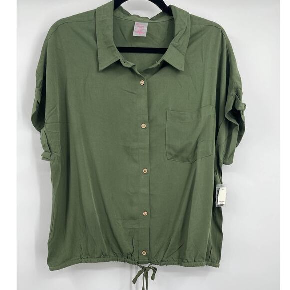 No Boundaries Womens Juniors Sea Turtle Green Button Front Cinched Waist Blouse - Picture 2 of 10